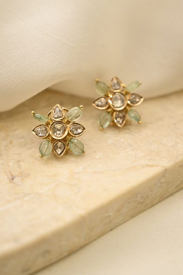 Russian Emerald & Polki Square Studs - Image 5