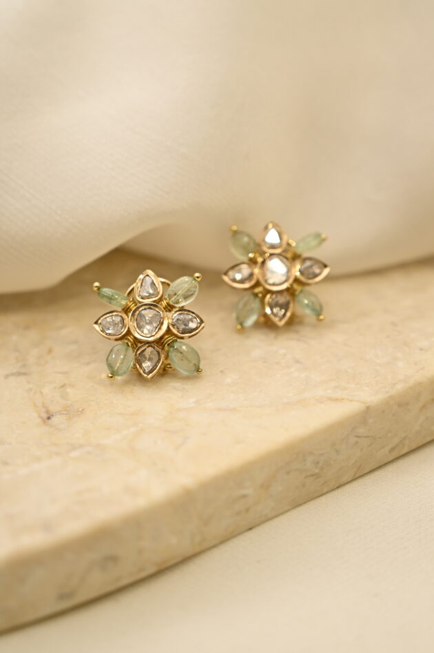 Russian Emerald & Polki Square Studs - Image 3