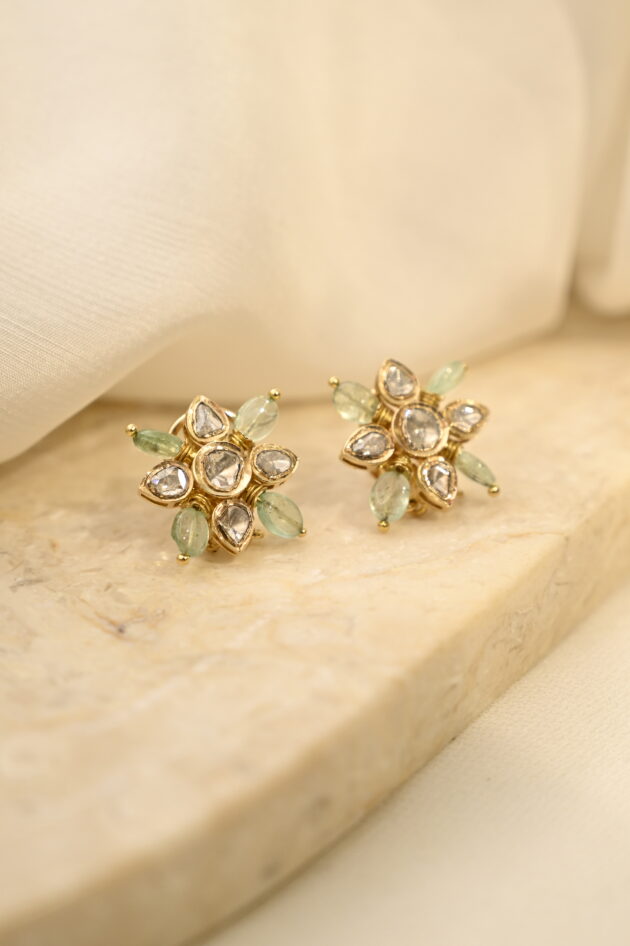 Russian Emerald & Polki Square Studs - Image 2
