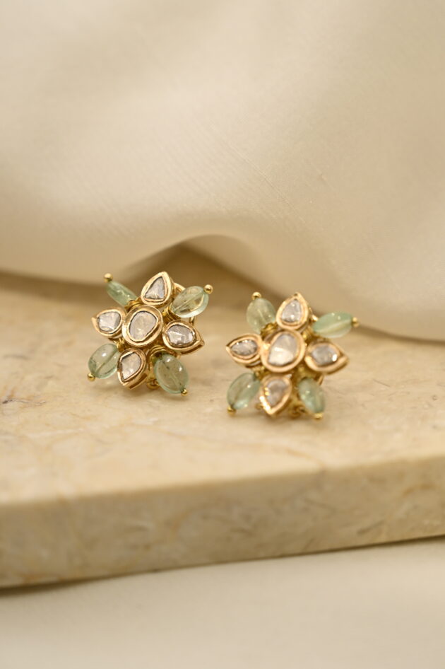 Russian Emerald & Polki Square Studs