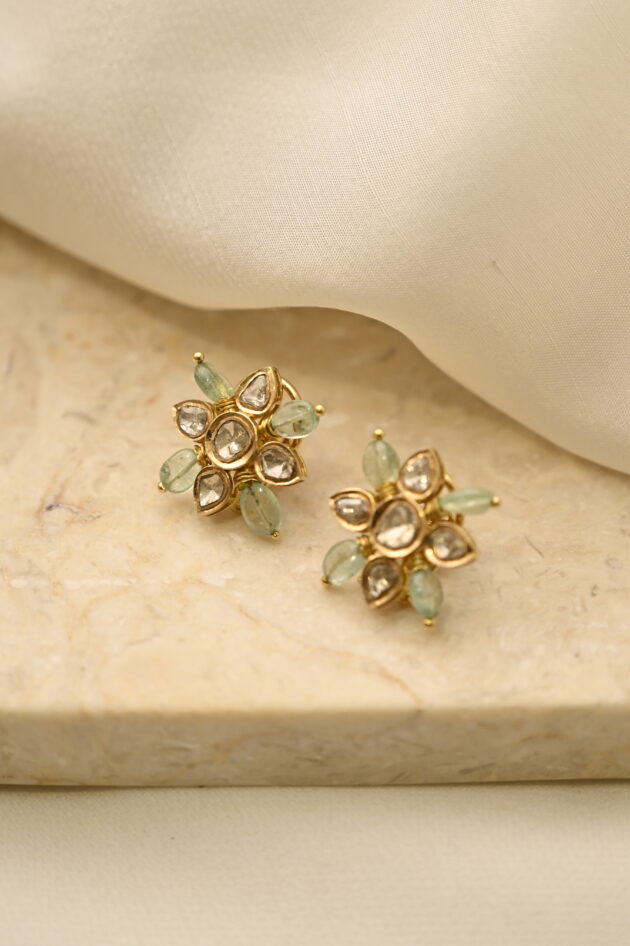 Russian Emerald & Polki Square Studs - Image 4