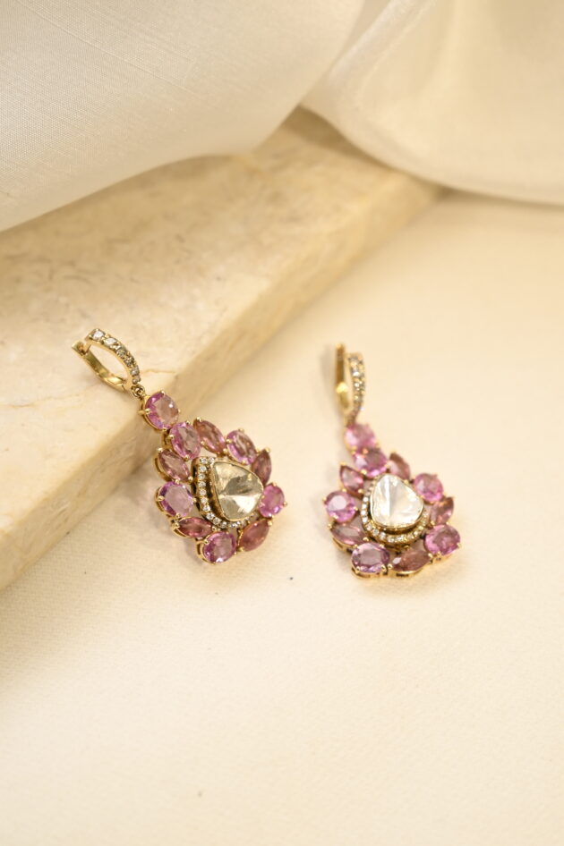 Pink Sapphire & Tourmaline Bali Polki Earrings - Image 6