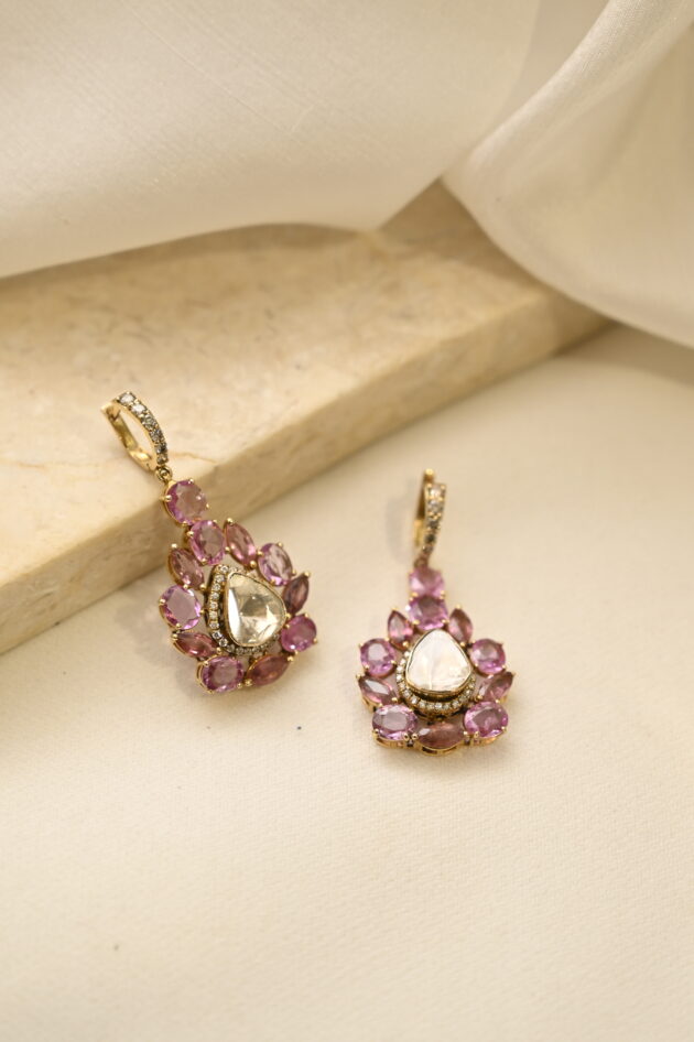 Pink Sapphire & Tourmaline Bali Polki Earrings - Image 5