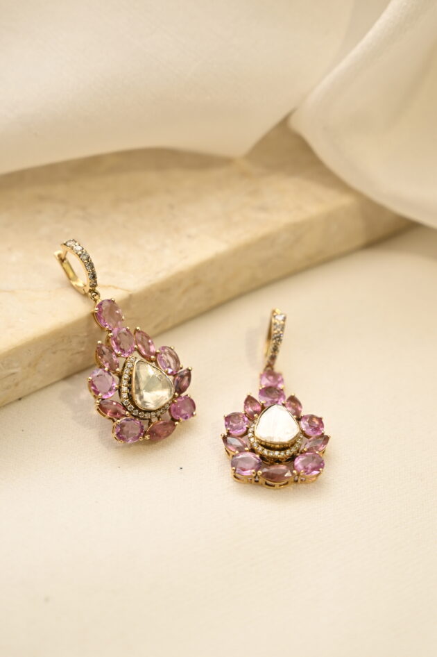 Pink Sapphire & Tourmaline Bali Polki Earrings - Image 4