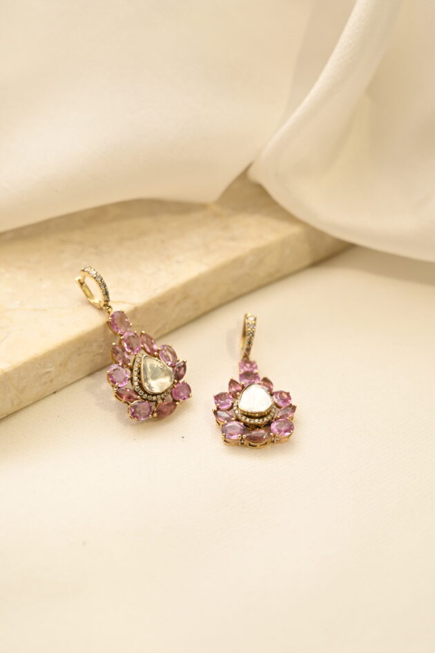 Pink Sapphire & Tourmaline Bali Polki Earrings - Image 7