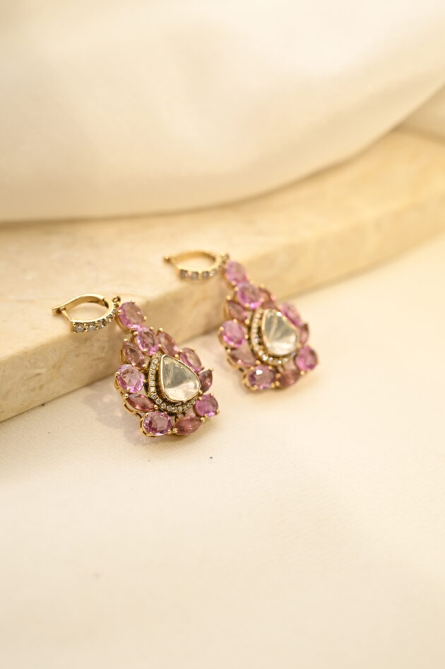 Pink Sapphire & Tourmaline Bali Polki Earrings - Image 8