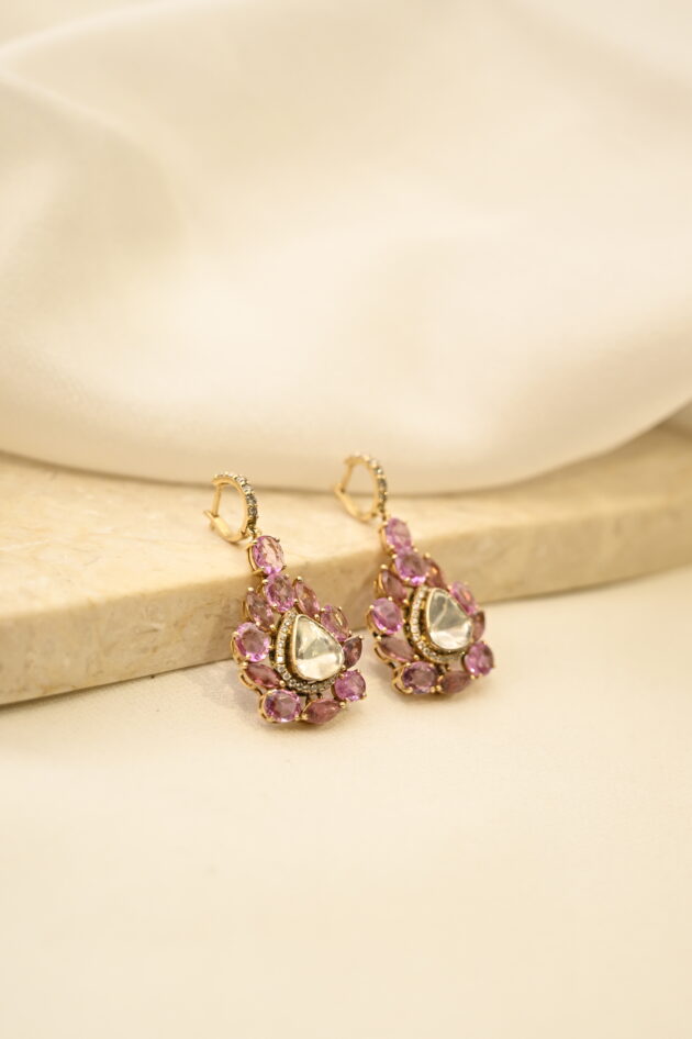Pink Sapphire & Tourmaline Bali Polki Earrings - Image 3