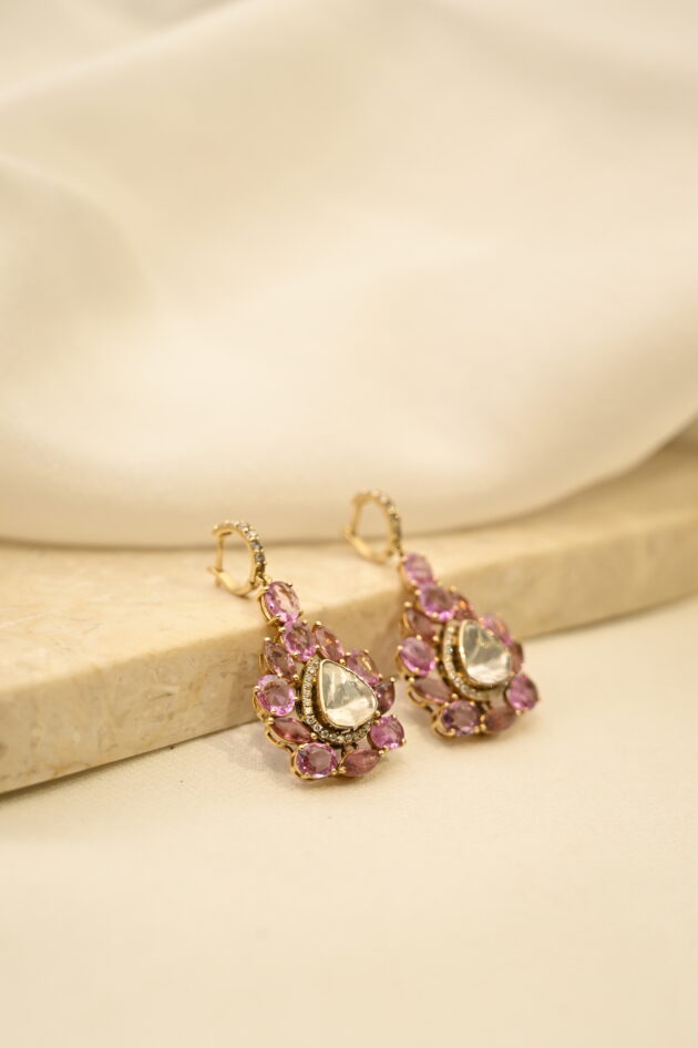 Pink Sapphire & Tourmaline Bali Polki Earrings - Image 2