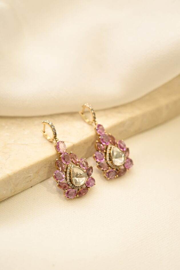 Pink Sapphire & Tourmaline Bali Polki Earrings
