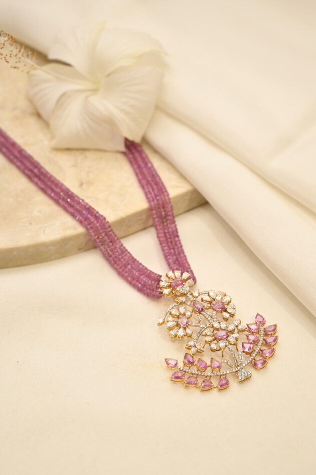 Diamond & Pink Sapphire Pendant with Beads - Image 6