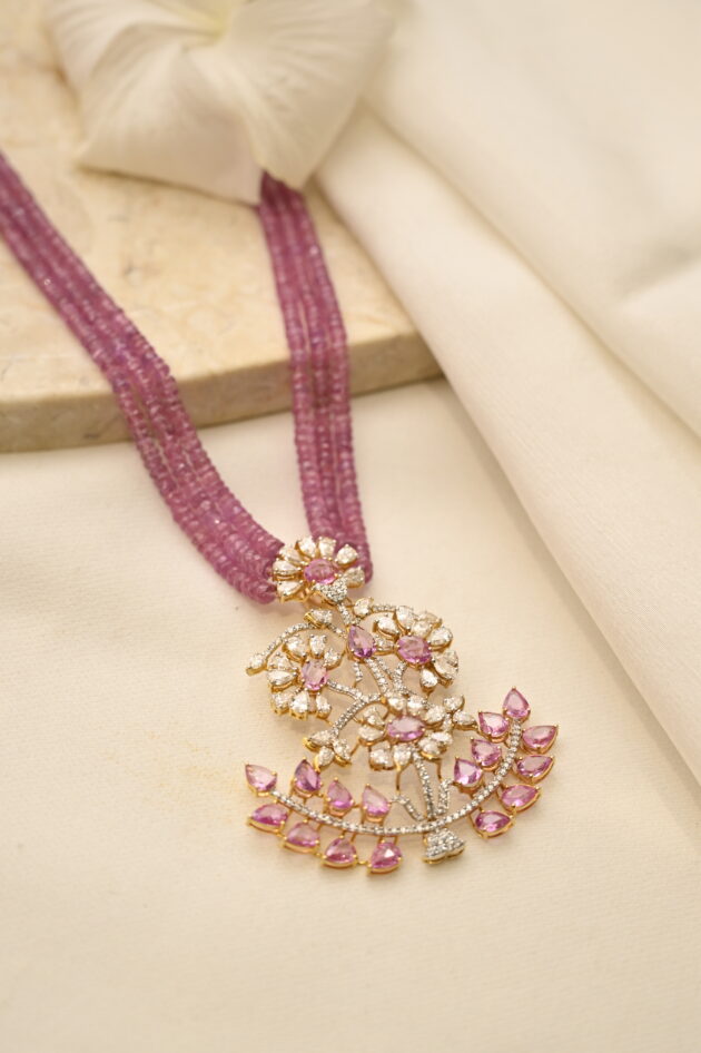 Diamond & Pink Sapphire Pendant with Beads