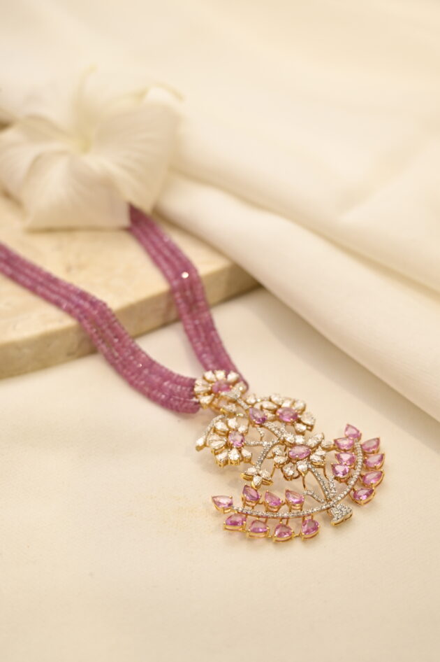 Diamond & Pink Sapphire Pendant with Beads - Image 5