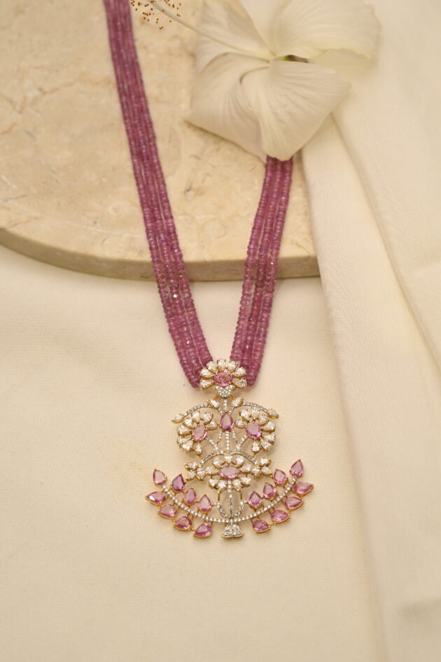 Diamond & Pink Sapphire Pendant with Beads - Image 3