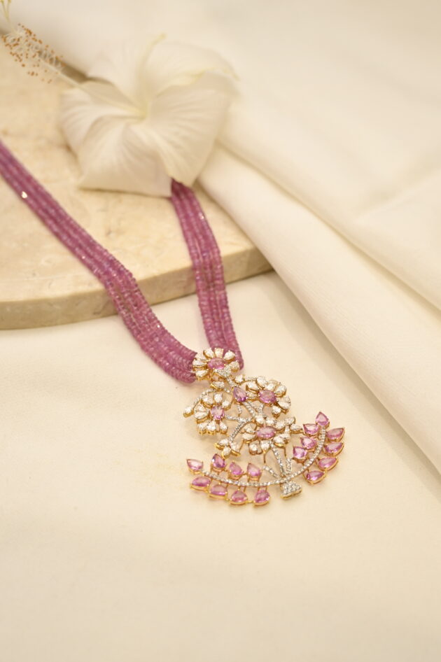 Diamond & Pink Sapphire Pendant with Beads - Image 2