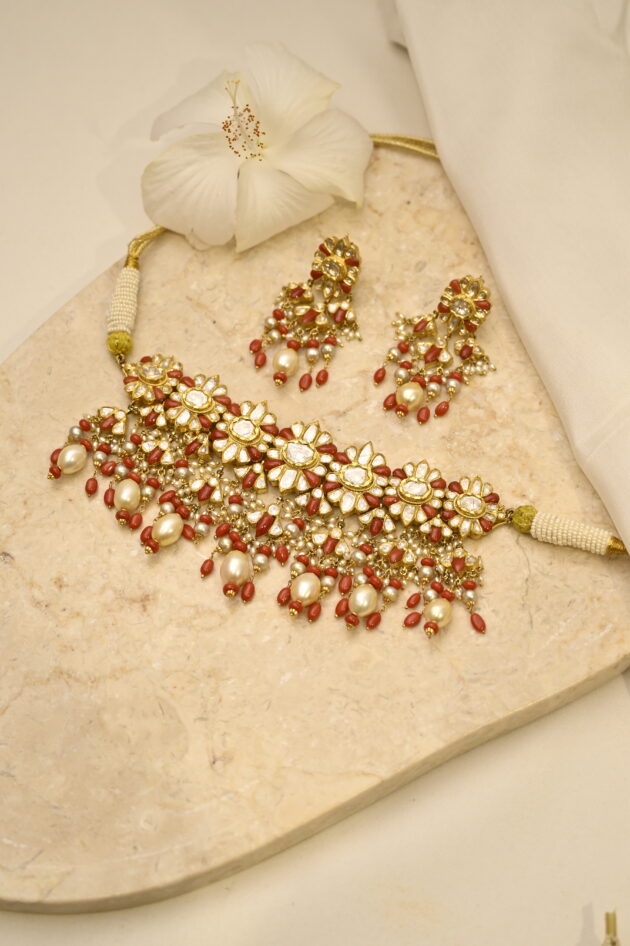 Coral & Polki Jadau Necklace with Earrings - Image 8