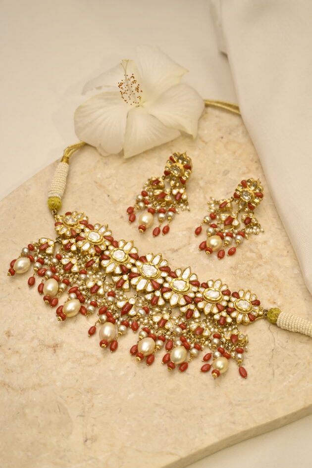 Coral & Polki Jadau Necklace with Earrings - Image 9