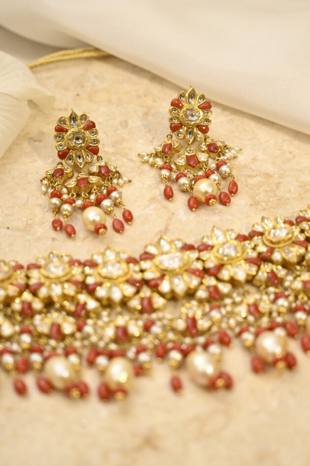 Coral & Polki Jadau Necklace with Earrings - Image 7