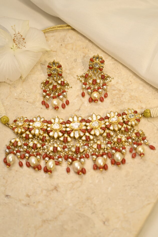 Coral & Polki Jadau Necklace with Earrings
