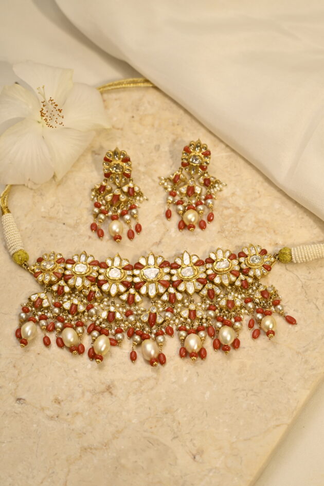 Coral & Polki Jadau Necklace with Earrings - Image 4