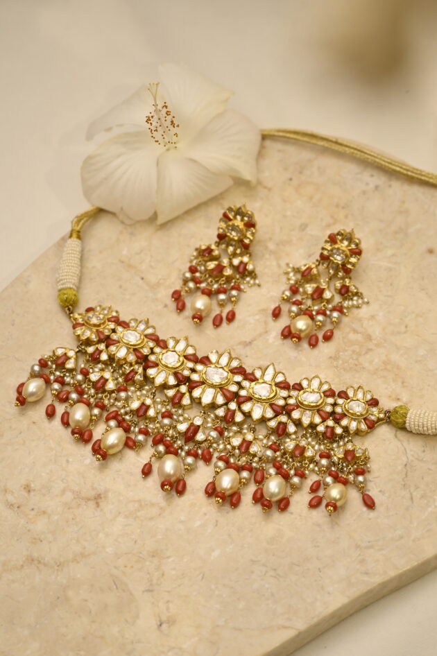 Coral & Polki Jadau Necklace with Earrings - Image 2