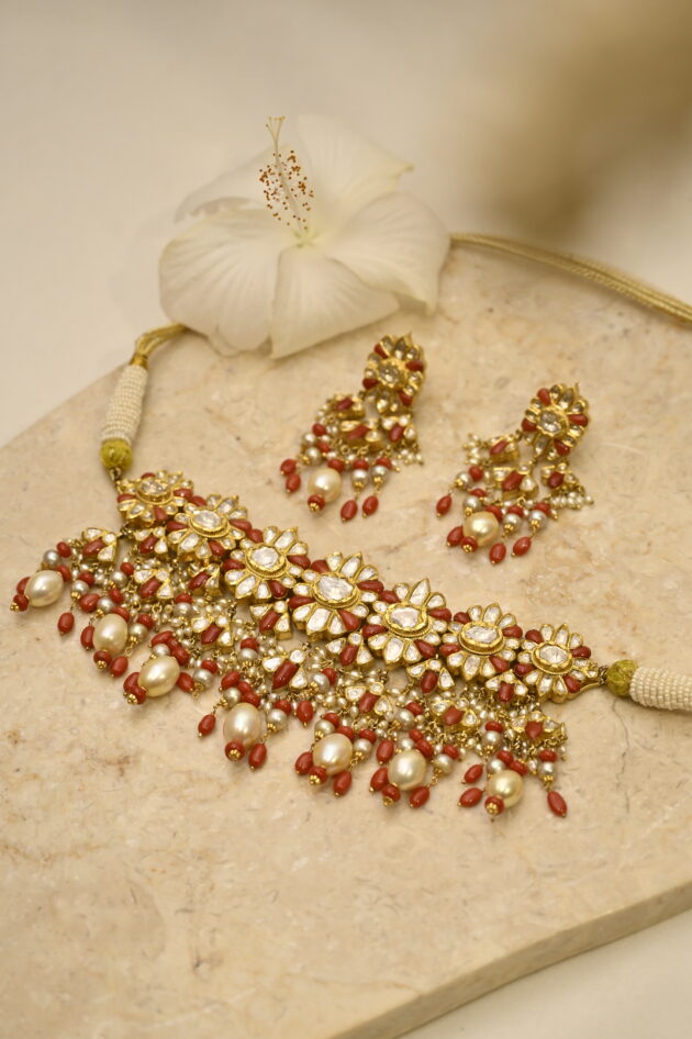 Coral & Polki Jadau Necklace with Earrings - Image 6