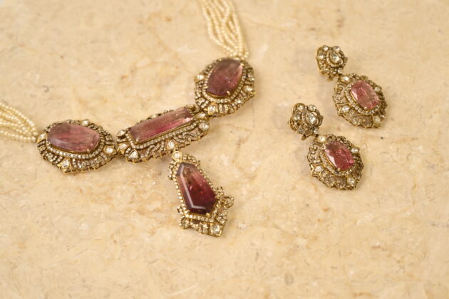 Bi-Colour Tourmaline Polki & Diamond Necklace with Earrings - Image 8