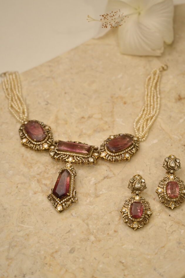 Bi-Colour Tourmaline Polki & Diamond Necklace with Earrings - Image 9