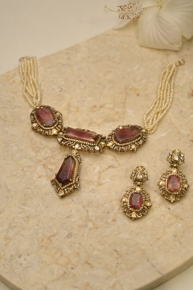 Bi-Colour Tourmaline Polki & Diamond Necklace with Earrings - Image 4