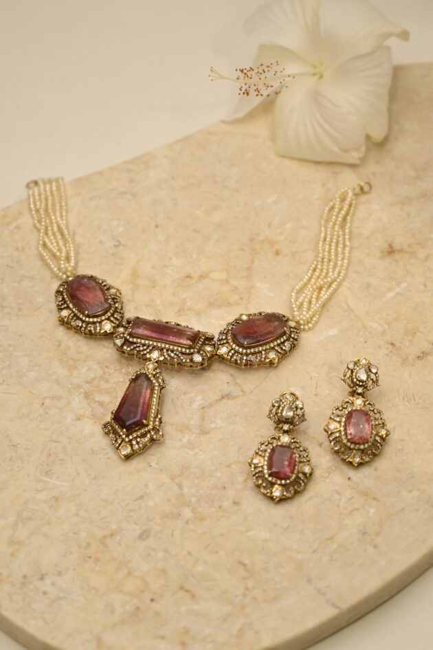 Bi-Colour Tourmaline Polki & Diamond Necklace with Earrings - Image 5