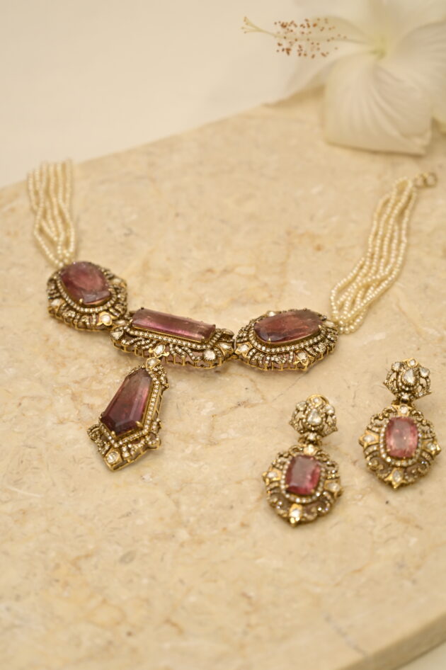 Bi-Colour Tourmaline Polki & Diamond Necklace with Earrings
