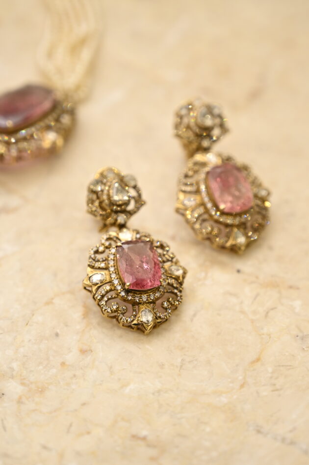 Bi-Colour Tourmaline Polki & Diamond Necklace with Earrings - Image 3