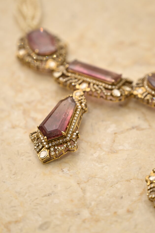 Bi-Colour Tourmaline Polki & Diamond Necklace with Earrings - Image 2
