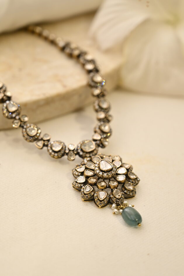 Victorian Small Polki Necklace with Emerald Drop