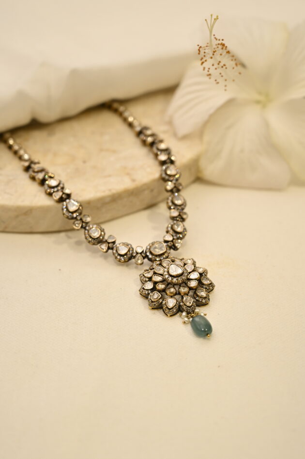 Victorian Small Polki Necklace with Emerald Drop - Image 2