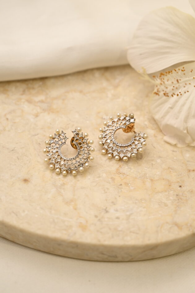 Princess Cut Diamond & Pearl Open Hoops - Image 2