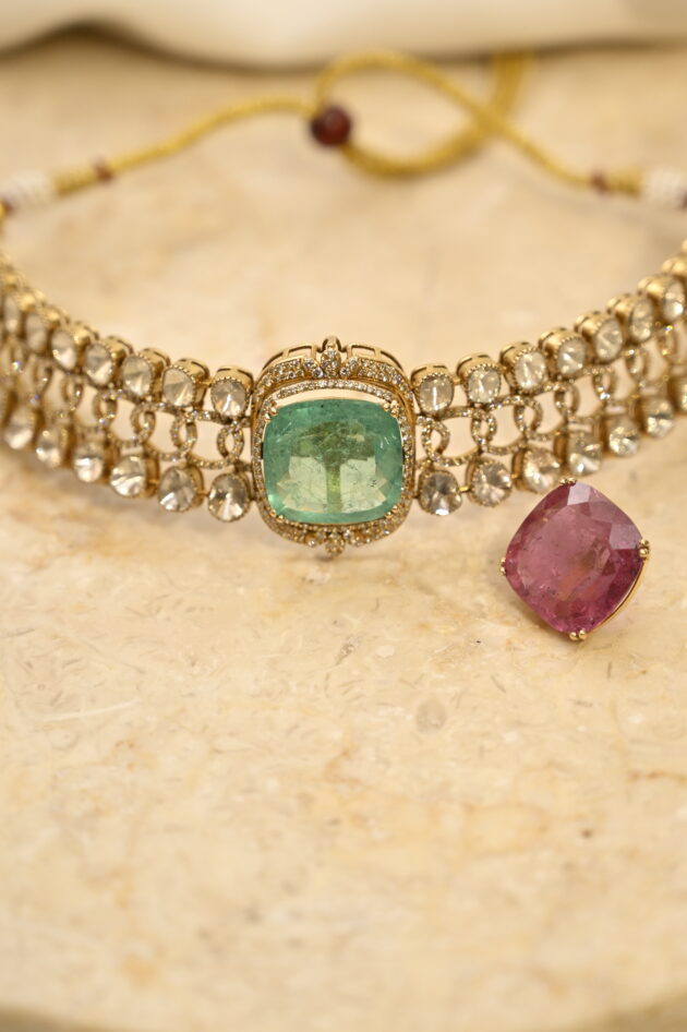 Polki & Diamond Hasli with Changeable Green & Pink Stone Necklace - Image 3