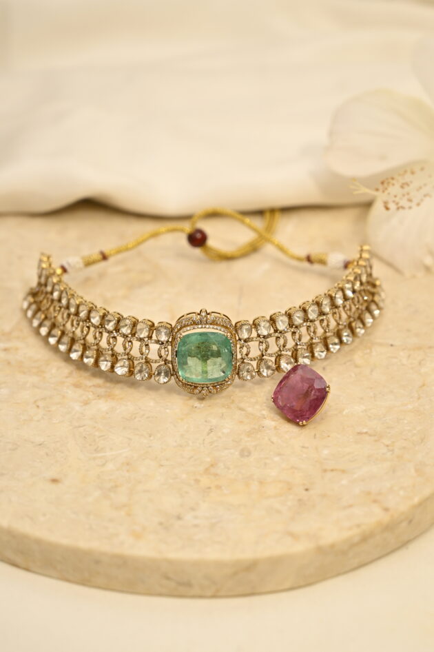 Polki & Diamond Hasli with Changeable Green & Pink Stone Necklace