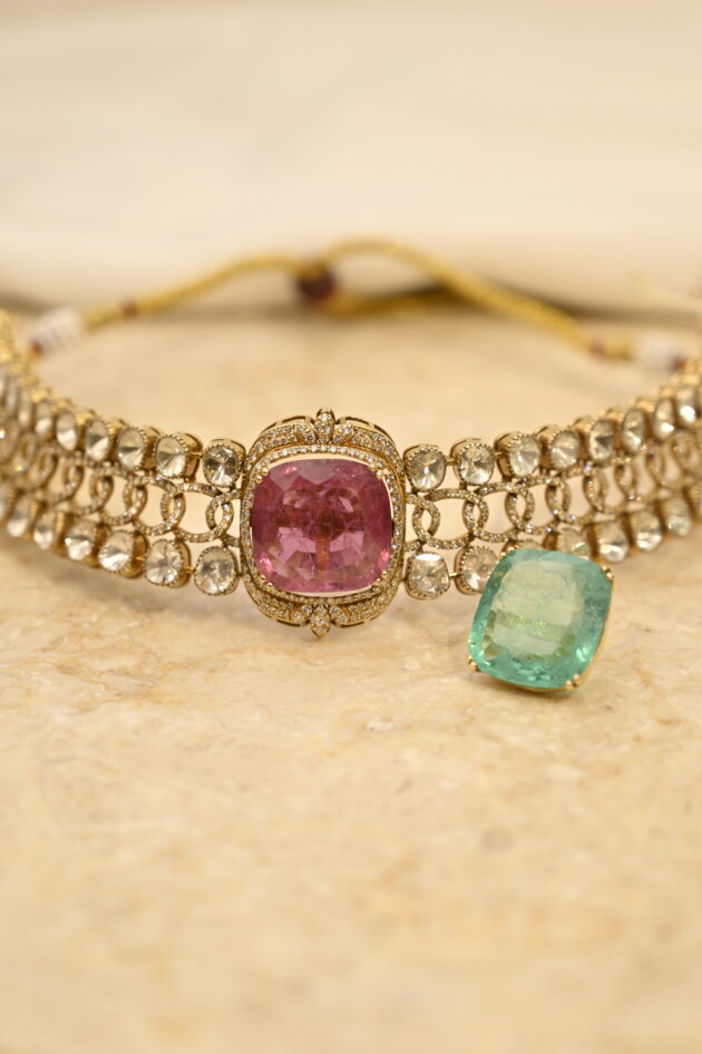 Polki & Diamond Hasli with Changeable Green & Pink Stone Necklace - Image 2