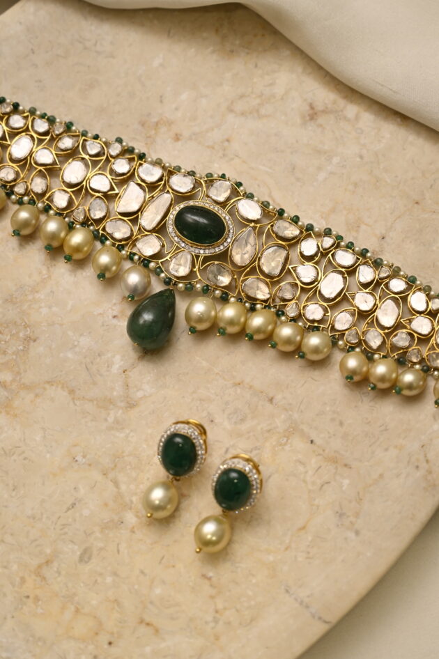 Big Scattered Polki Choker with Earrings - Image 2