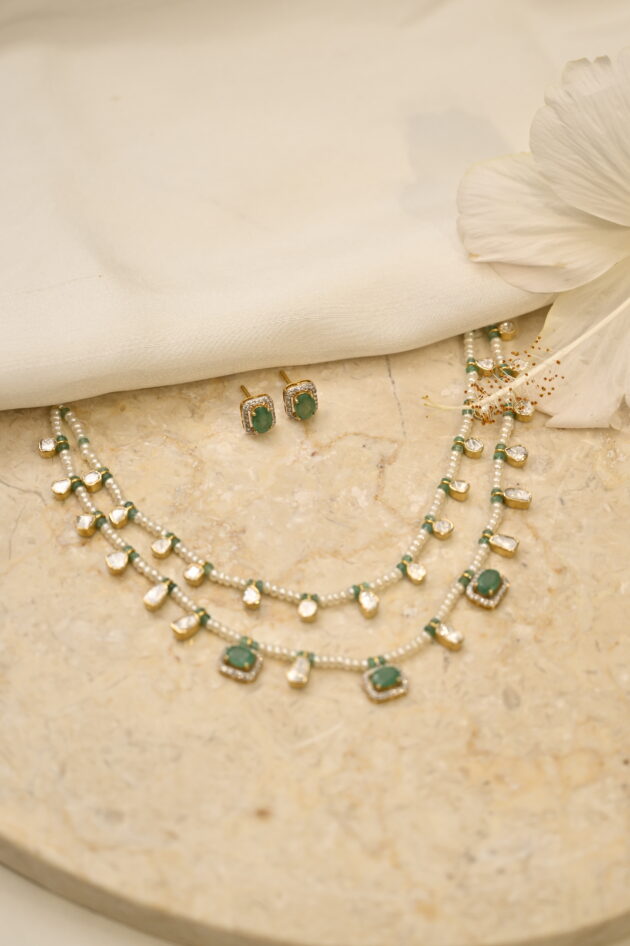 2 Layer Emereld Polki & Pearl Small Necklace with Earrings