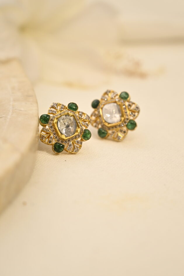 Polki Flower Studs with Emerald Talaf