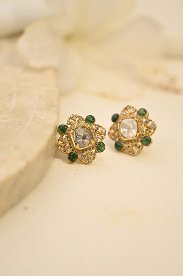 Polki Flower Studs with Emerald Talaf - Image 3