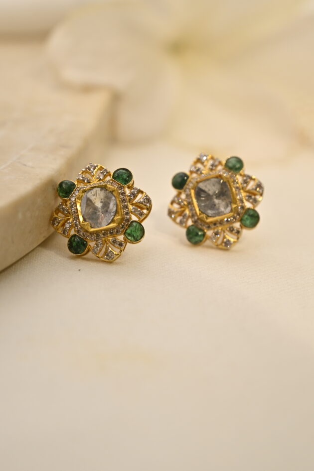 Polki Flower Studs with Emerald Talaf - Image 2