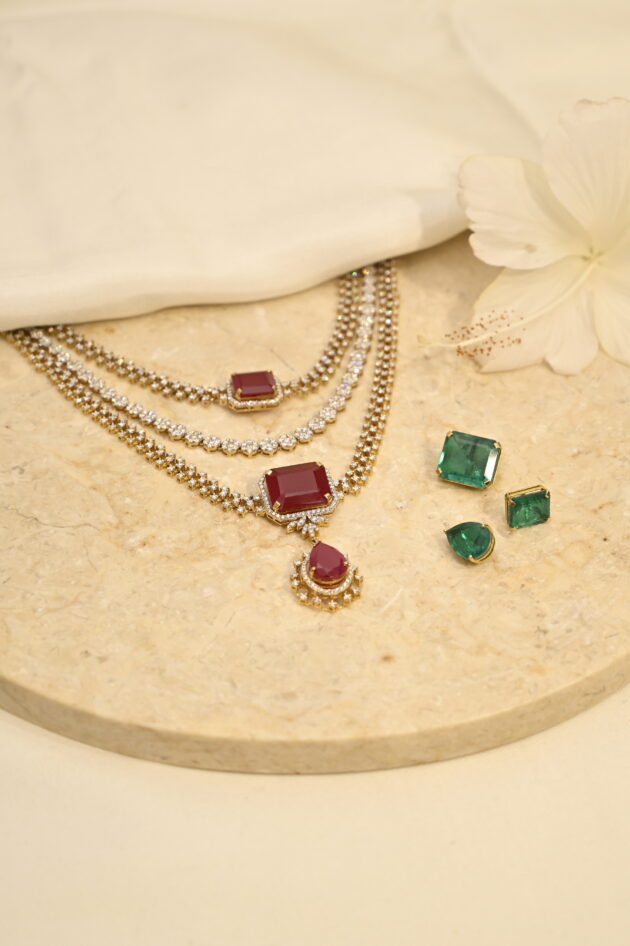 3 Line Detachable Diamond Necklace with Changeable Gemstones