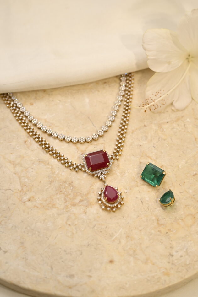 3 Line Detachable Diamond Necklace with Changeable Gemstones - Image 14