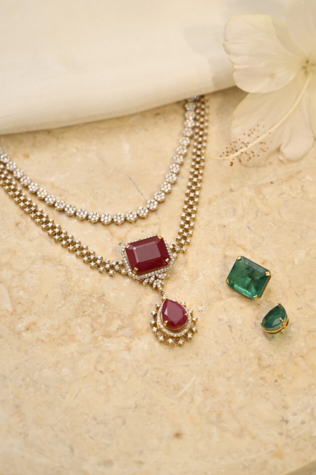 3 Line Detachable Diamond Necklace with Changeable Gemstones - Image 11
