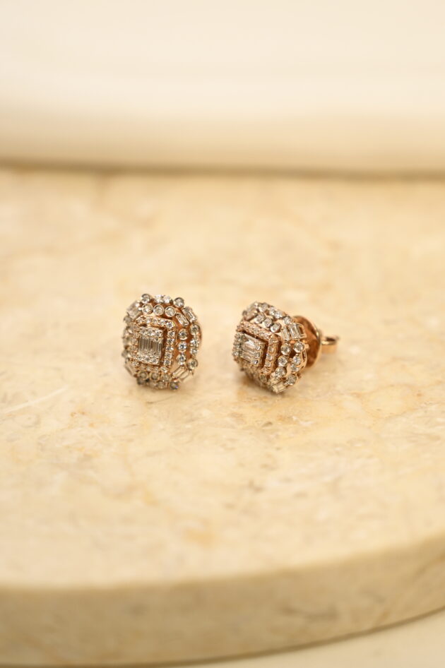 Baguette & Round Diamond Studs - Rose Gold Polish - Image 2