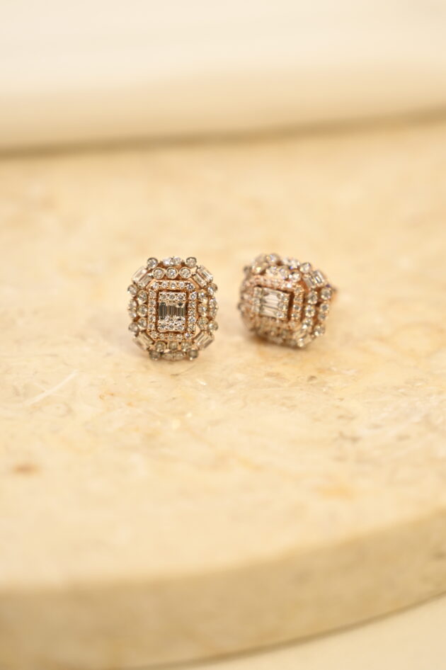 Baguette & Round Diamond Studs - Rose Gold Polish