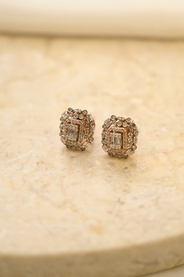Baguette & Round Diamond Studs - Rose Gold Polish - Image 3