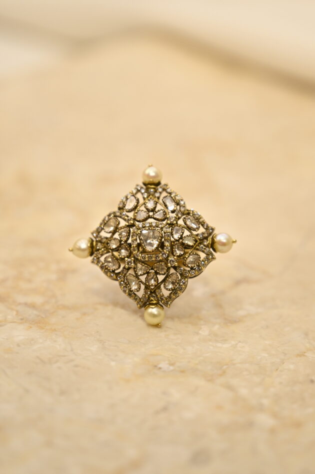 Polki & Diamond Cocktail Ring with Pearl